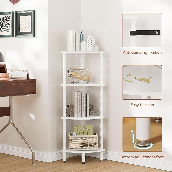 IBUYKE 4-Tier Corner Shelf,Stylish Corner Bookshelf for Small Spaces,Industrial Corner Storage Display Shelves,Small Corner Table for Bedroom,Bathroom,Kitchen, White WBC019W