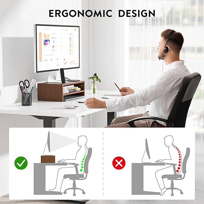 BONTEC Wooden Monitor Stand Riser, 2-Tier Desk Shelf with Storage Organizer, Ergonomic Computer Stand with Cable Management, Cellphone Holder, Walnut, 16.5 Inch