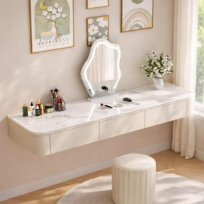 Floating Makeup Vanity Desk With Drawers Wall Mounted Makeup Table With Storage Fully Assembled Floating Vanity Desk Space Saving Modern Dressing Table For Bedroom Closet(Dark Khaki Marble,55.1")