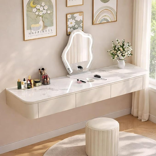 Floating Makeup Vanity Desk With Drawers Wall Mounted Makeup Table With Storage Fully Assembled Floating Vanity Desk Space Saving Modern Dressing Table For Bedroom Closet(Dark Khaki Marble,47.2")