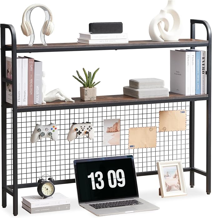 Desktop Hutch Shelf Organizer, 2-Tier Metal & MDF Desk Bookshelf with Grid Panel and Hooks for Office & Dorm (Rustic Brown, 45.3")