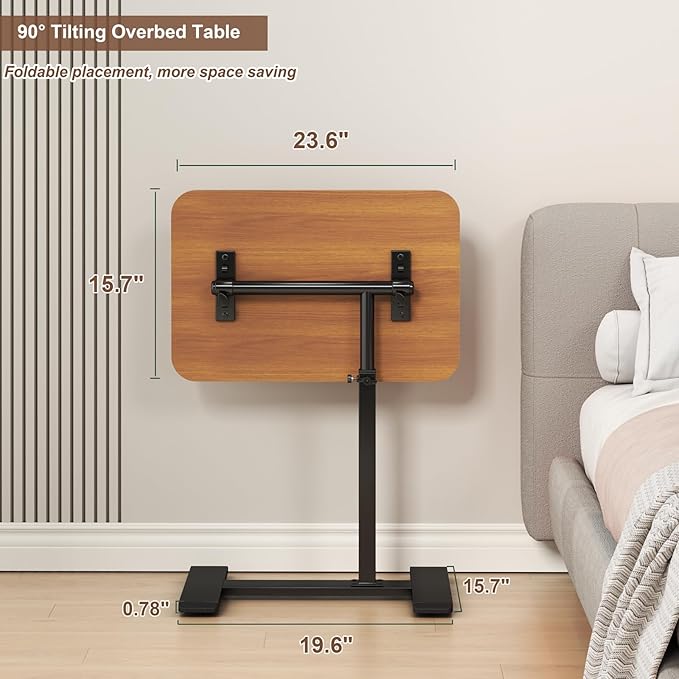 Adjustable Height C Shaped Side Table,360°Swivel Overbed Table,Top Tilting Laptop Stand Table with Hidden Wheels,Mobile Couch End Tables that Slide under,Rolling TV Coffee Table for Sofa/Bed (wood)