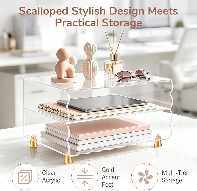2+1 Tier Paper Letter Tray,Acrylic Desk Organizer with Scalloped Edge& Gold Metal Feet,Top Display Design,Space Saving Clear Organizer for Women, A4 File, Letter, Books,Notes,Home & Office