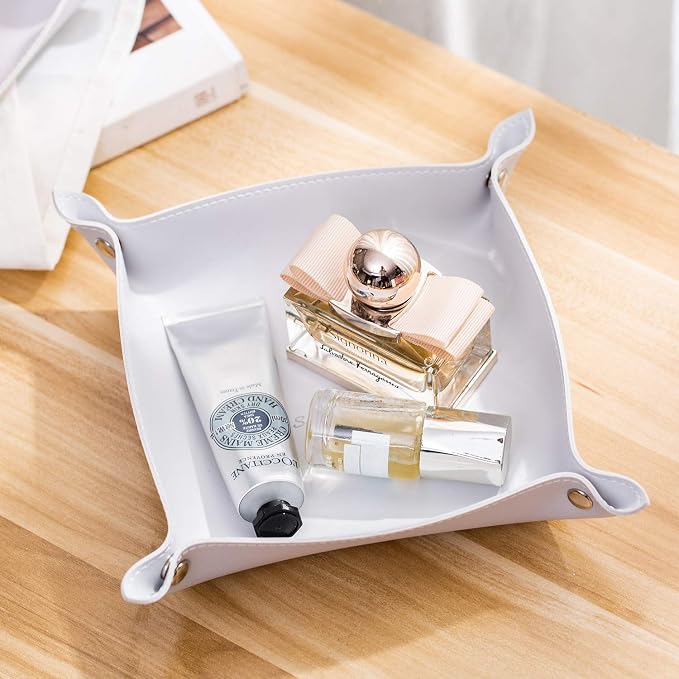 Leather Jewelry Valet Tray for Women and Man, Entryway Table Bedside Nightstand Desk Portable Small Catchall Travel Dish Plate for Key,Wallet,Watch,Coin(Grey White-B)
