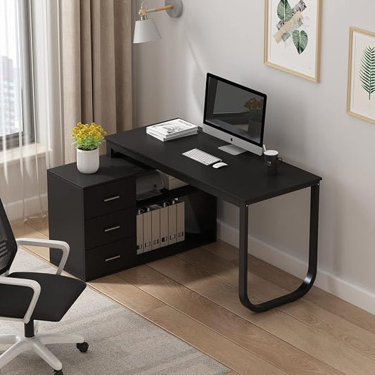 Homsee Home Office Computer Desk Corner Desk with 3 Drawers and 2 Shelves, 54 Inch Large L-Shaped Study Writing Table with Storage Cabinet - Black