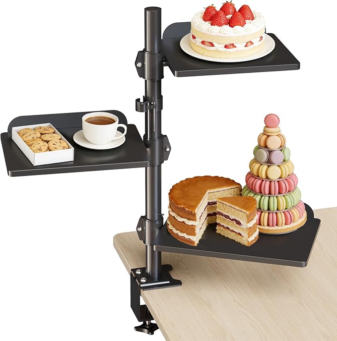 3 Tier Clamp-on Desk Shelf Height Adjustable, 360° Rotatable Desktop Storage Tray with Baffle, Over or Under Desk Organizer Shelf for Office Accessories, Black