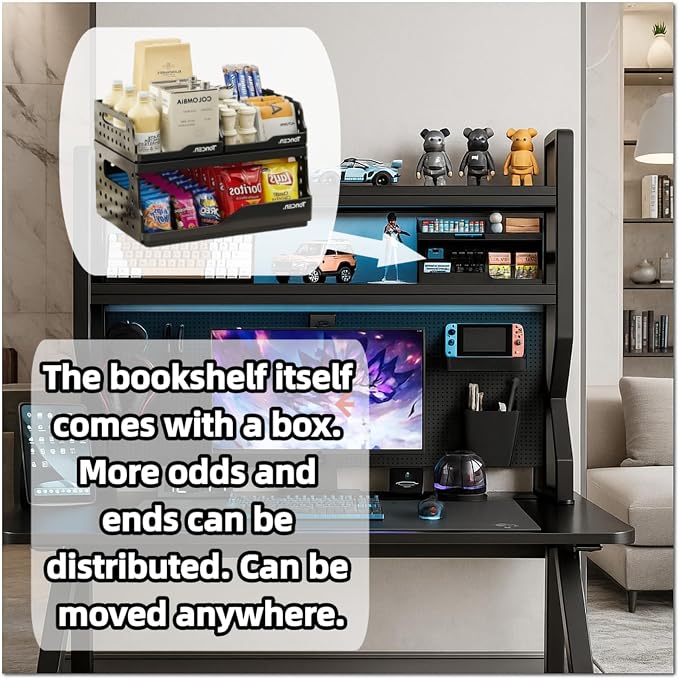 Desktop Hutch Bookshelf,Many Gifts,Metal Desktop Bookcase with pegboard, Desk Shelf, Countertop Storage Organizer Rack for Dorm or Office,Desktop Shelves (Black, 45.3" Lx9.9 Wx39 H)