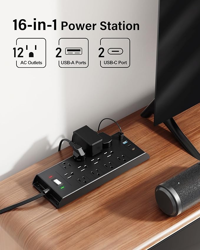 Surge Protector Power Strip 4800J, LeZone 15Ft Long Extension Cord Flat Plug, 12 Outlets 2 USB C 2 USB Ports, Wall Mountable, Desk Charging Station, Black