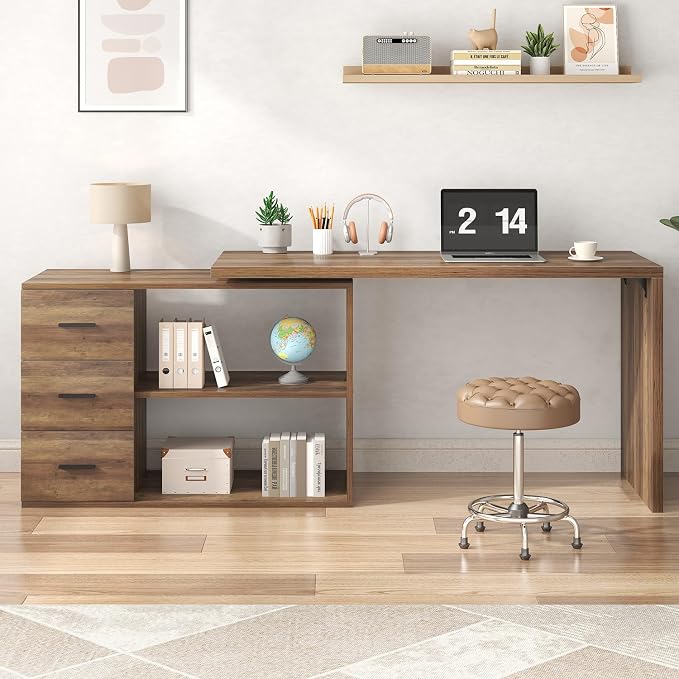 HSH L Shaped Desk with Storage Drawers Shelves, Large Corner Computer Table in Home Office, Industrial Wood Desk for Executive Writing Work Study, Rustic Oak, 55 Inch