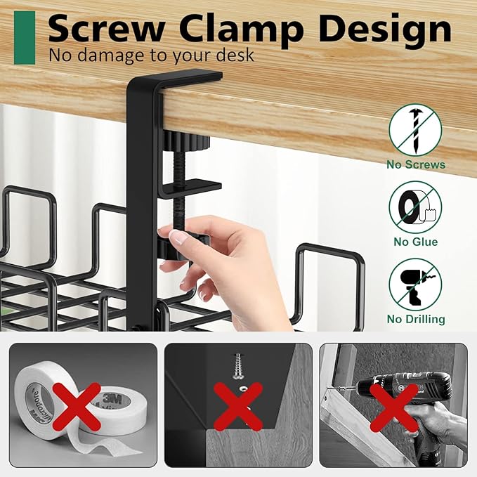 Under Desk Cable Management Tray, L 15.7''W 6.3'' No Drill Steel Desk Cable Organizers, Wire Management Tray Cable Management Rack, Desk Cable Tray Wire Organizer with Desk Cord Organizer