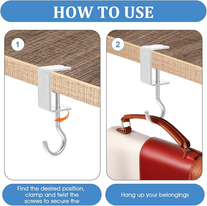 cobee Clamp-On Under Desk Hooks, Desk Mount Hanging Bag Holder Metal Hook Adjustable Headphones Clamp Organizer Portable Purse Hanger Clip Reduce Desk Clutter Table Desk Under Counter (8 Pcs, Silver)