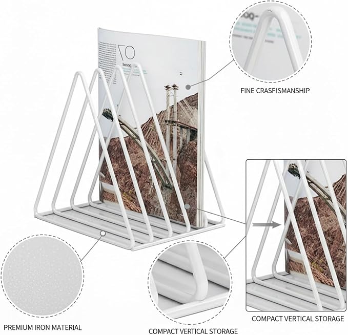White Iron Triangle Bookshelf, Compact Corner Desk Organizer for Small Spaces, Vertical Storage Rack for Books and Decor, 7.5 x 6.3 x 7.2 Inches