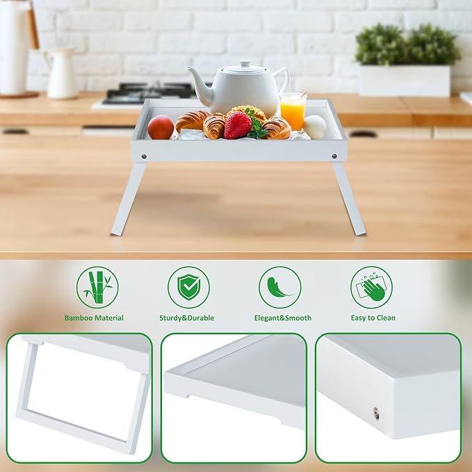 RRX Bed Tray Table with Folding Legs, Breakfast in Bed Tray (1, White) | Bed Trays for Folding Table Eating, Kitchen Serving, Food, Sofa, Snacking or Working, Laptop Desk Dinner, Snack Tray