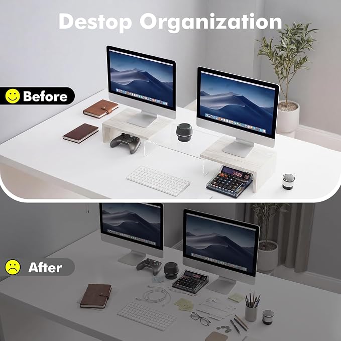 Dual Monitor Riser, Acrylic Monitor Riser, Adjustable Angle & Length Computer Monitor Stand, Wide Desk Shelf for Top of Desk for Home Office_White Maple Look Small