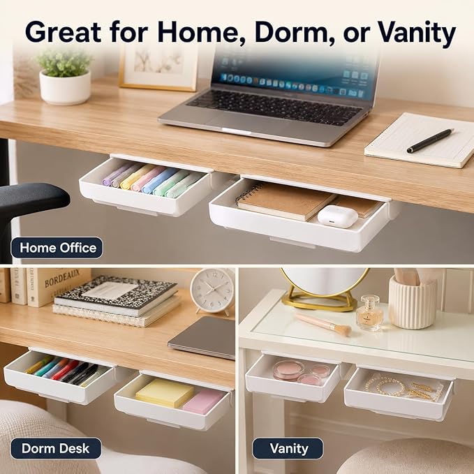 YOOUSOO 2 Pack Under Desk Storage Drawer Organizer, Hidden Slide Out Drawer Attachment, with Self - Adhesive Feature for Desktop and Table Organization, Hidden Under Desk