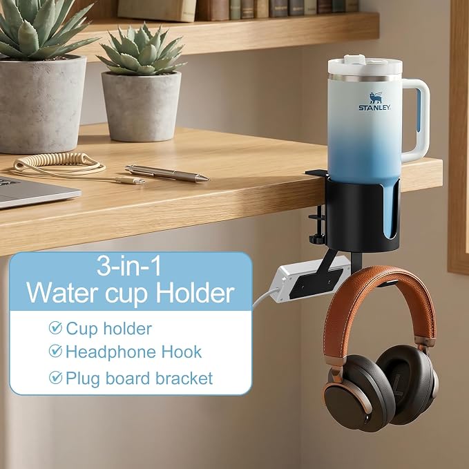 MYITYARD 3 in 1 Desk Cup Holder Clamp, Clip On Table Cup Holder with Headphone Hook & Power Strip Holder, Rotatable Water Bottle Drink Coffee Mug Organizer, Gaming Accessories for Home and Office