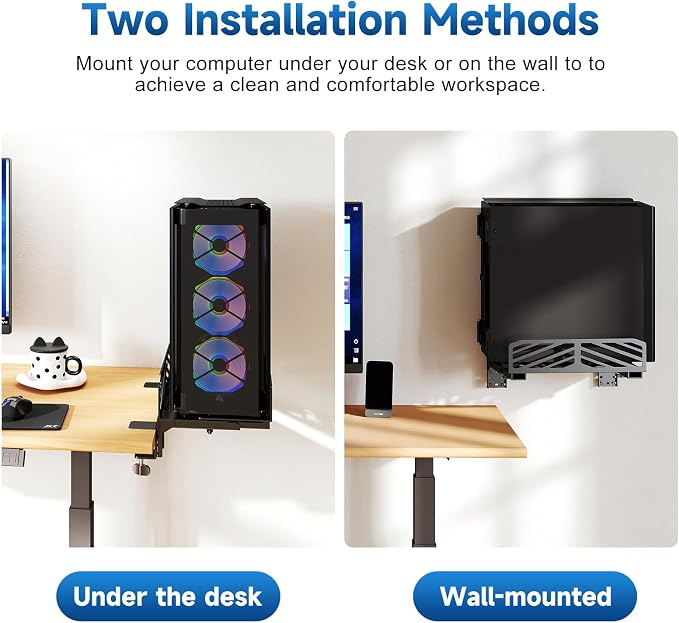 Suptek Clamp-on Desk Extender PC Desk Mount Holder,Standard and Large Gaming Computer Case Stand, Adjustable Width PC Mount, Black