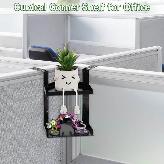 Office Cubicle Shelf, Cubicle Storage, Shelf Organizer Accessories, Height Adjustable Hanging Corner Shelf with Adjustable Hooks (Black, Double Layer)