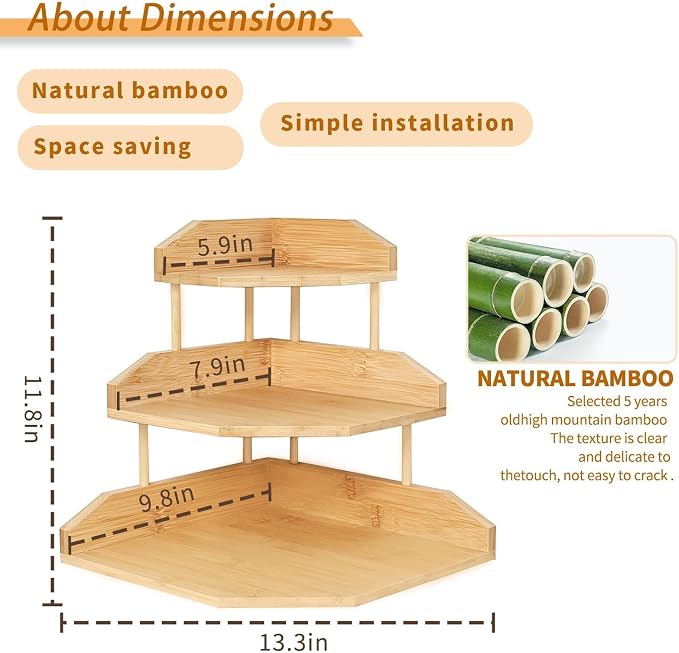 Bamboo Corner Desk Organizer Shelf, 3-Tier Triangle Storage Rack for Office & Home, Space-Saving Desktop Shelf for Books, Stationery, Makeup, Small Items