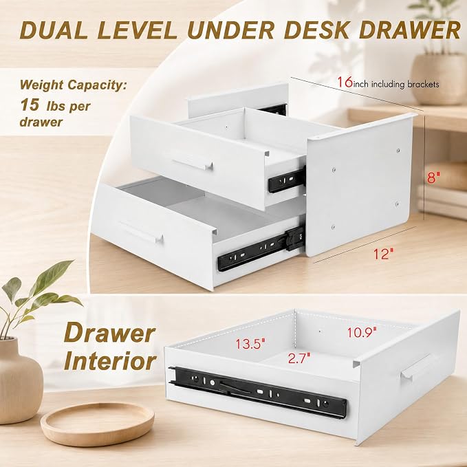 Menkxi 16'' Under Desk Drawer Slide-out Steel Under Counter Drawers Storage Organizer Large Hidden Pull-out Tray for Table Desks Home Office Workstation(White,2 Layer)