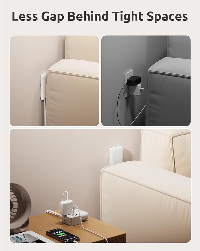 NUTICT 8FT Extension Cord with Ultra-Thin Outlet Cover, Flat Plug Power Strip with 3 Outlets & 3 USB-C & 1 USB-A Port, Wall Mountable, Hide Bulky and Messy Cords Behind Furniture Tight Spaces, White