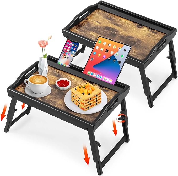 2 Pack Bed Tray Table with Adjustable Legs Breakfast Trays Serving Tray Bamboo Bed Laptap Floding Legs with Handles and Phone Holders