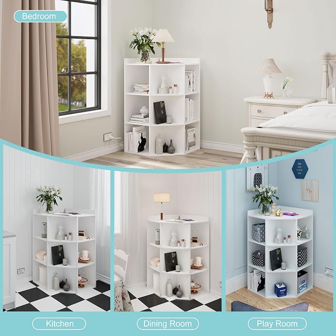 HedoAjim Corner Cabinet, Corner Storage Shelf with USB Ports and Outlets Industrial Organizer for Small Space Wooden 9-Cubby Bookshelf for Study, Playroom, Living Room (White)