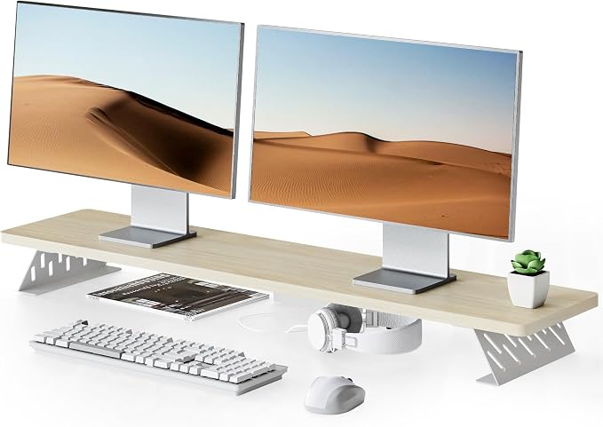 Fenge Dual Monitor Stand Riser, 42.5 Inch Desk Top Shelf for 2 Monitors, Computer Stands for Desk, Wood & Steel Desktop Riser for Laptop, PC, Printer