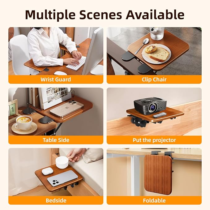 Ergonomic Desk Extender Tray, 8.2"x7.6" Table Mount Arm Wrist Rest Shelf, 90° Foldable Elbow Support, Sturdy Mouse Arm Support,Clamp on Computer Arm Rest for Desk, Office & Home Use,Wood