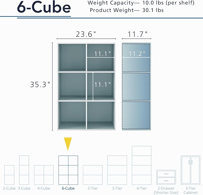 Homes: Inside + Out Apexa 6-Cube Storage Organizer Shelves, Stackable Wood Bookcase Fits Cubby Bins for Organization, Dorm Teen Room Decor & Home Office, Light Blue