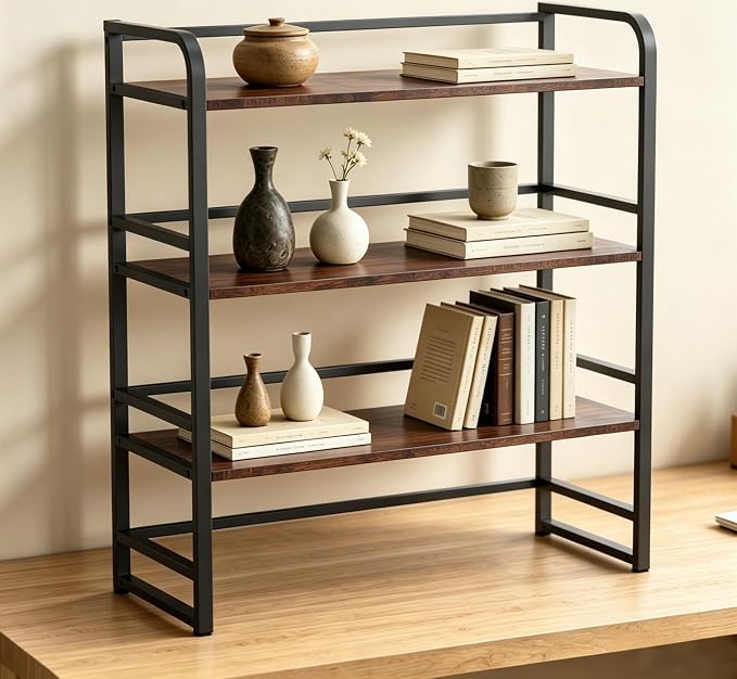 Office Desk Shelf Organizer, Wood Desktop Bookshelf Supplies Storage Rack, Shelf for Top of Desk and Dresser and Cubicle Decor Aesthetic Bookshelf (Black Brown, Three Tier, 19.69Lx7.87Wx22.05H)