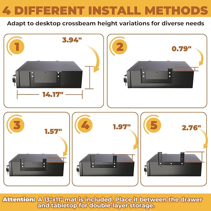 POPMOON 14 in Deep Under Desk Drawer,Pull Out Storage Organizer with Lock and Keys,Adjustable Height, Metal Storage Drawer with Slide Extension Mounted Under Flat Wooden Table or Workbench