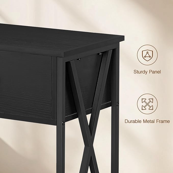 VECELO End Table with Charging Station, Night Stand with Drawers, 2-Tier Bedside Tables with USB Ports & Outlets, Side Table with Storage Shelf for Living Room/Bedroom, Black