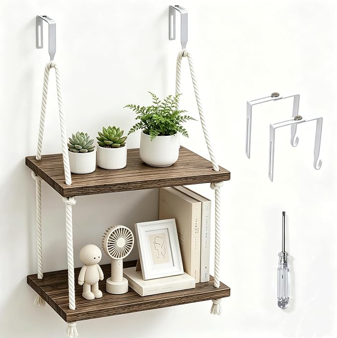 2 Tier Cubicle Shelf Hanging - 11.8 Inch Office Cubicle Wall Shelf with Rope Adjustable Hooks, Office Desk Accessories for Office Decor, Organizer, Storage in Workspaces(Brown)