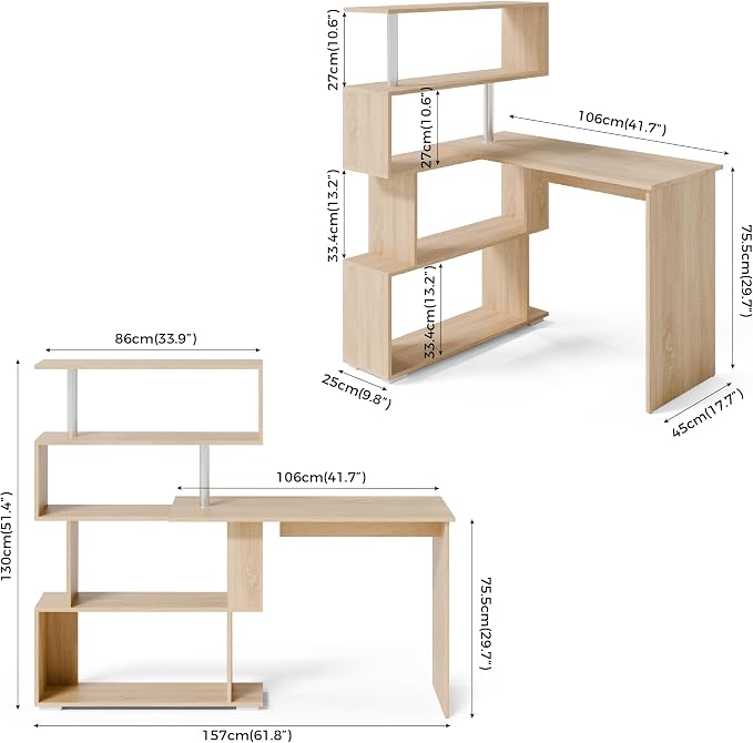 Mondeer L Shaped Computer Desk, Corner Desk, 360 Degree Rotatable, Space Saving Table with Spacious Storage for Home Office Workstation Study, 157 x 45 x 130.5 cm, Oak