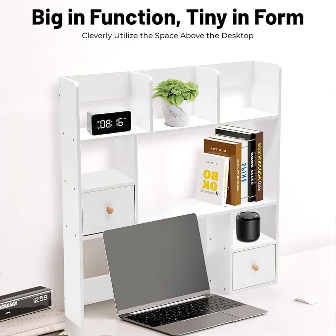 Desk Shelf, Wooden Office Desktop Display Organizer Rack with Handles, Adjustable 9 Compartment Storage Rack, Space Saving Desktop Bookshelf for Office Home Dorm (White)