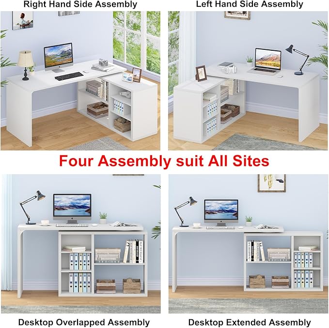 HSH White L Shaped Desk with Shelf, Reversible Modern Home Office Desk Workstation, L Shape Computer Desk with Storage Cabinet Drawer, Industrial Wood Corner Table for Work Study Writing Gaming, 55 In