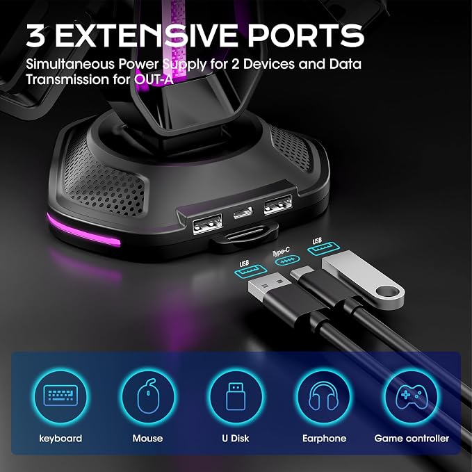 Saitake RGB Controller Holder with 9 Light Modes,Controller Stand with 2 USB Ports,Headset Stand for Desk-Headphone Holder Suitable for Xbox PS4 5 Switch Controllers Gaming Room Deco