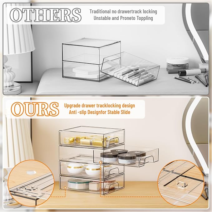 Yieach 4 Pack Small Clear Stackable Storage Drawers,2.2'' Tall Desk Organization and Storage,Plastic Office Supply Organizer,Acrylic Storage Containers for Makeup,Hair Clip,Accessory,Pen,Art Crafts