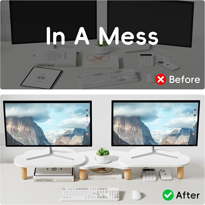 AFOOYO Dual Monitor Stand Riser,Rainbow Cloud Desktop Computer Stand for 2 Monitors,Adjustable Length and Angle Multifunctional Desktop Organizer Stand for Laptop, PC, Computer, Printer,White