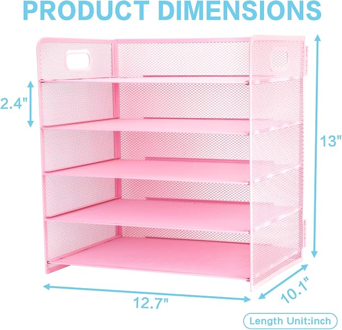 5 Tier Lettrer Tray Organizer with Handle, Metal Mesh Desk File Organizer with Sliding Trays, Paper Sorter Desk for Home Office School, Pink