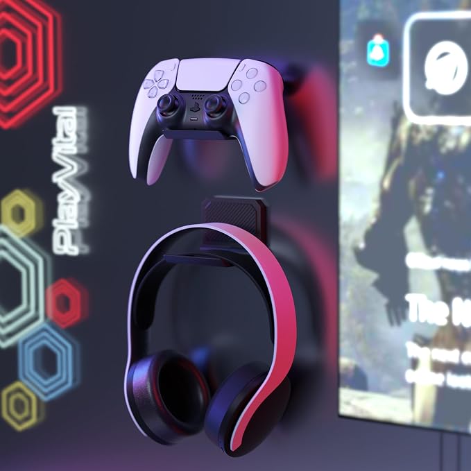 PlayVital FOLD Controller Holder Wall for ps5 ps4 Xbox Switch 2 Pro Headset, 2 Pack Universal Storage Organizer Gaming Controller Stand Headphone Mount - Foldable Anti-slip Adhesive Removable, Black
