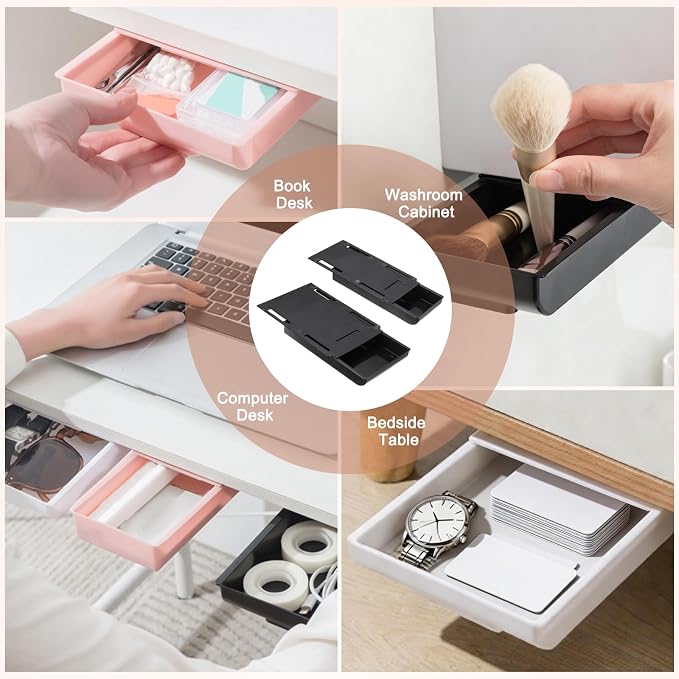 PATIKIL 2 Pack Under Desk Drawer Slide Out, 8.66 x 6.1/4.3" Plastic Table Storage Drawers Slide Out Storage Box for Laptop Study Desks Dining Dressing Tables Wardrobes Cabinets, Black