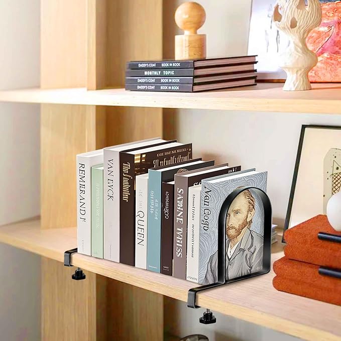 Metal Book Ends for Shelves - Heavy Duty Adjustable Bookends Clamped Metal Book Organizer Storage Holders, Non-Skid Bookends Stoppers