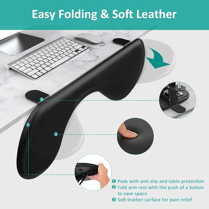 eulps Foldable Desk Extender Arm Rest for Desk, Ergonomic Forearm Support Tray with Soft PU Leather Pad, Clamp-On Desk Armrest for Wrist, Elbow & Shoulder Relief, Home Office Computer Typing Support