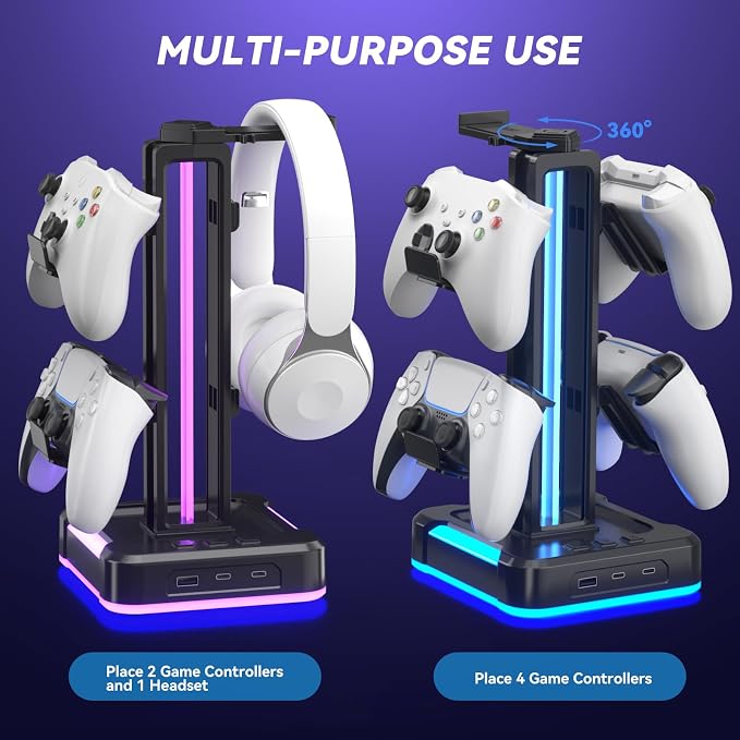 KDD RGB Headphone and Controller Stand with 2 Type-C and 1 USB Ports - Headset Stand with 9 Light Modes - Controller Headset Holder for Desk - Gaming headphone Holder for Gift and PC Room Accessories
