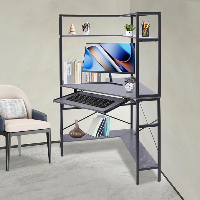 Corner Desk, Corner Computer Desk with Power Outlets, 29.5x29.5x60in Gaming Desk with LED Light Strip & Storage Shelves for Home Office and Small Space (Gray)
