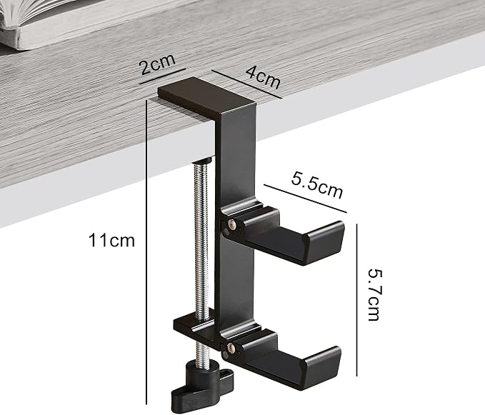 Heavyrain Desk Edge Headphone Holder and Bag Hook, Clamp-On Design, No Drill Installation (Carbon Black)