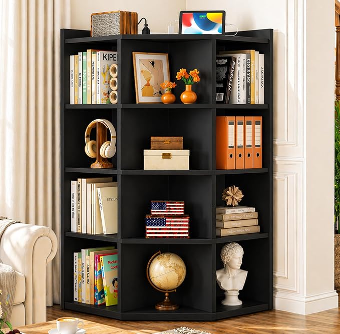 Aheaplus 5-Tier Corner Cube Bookshelf with Power Outlets, Wooden Corner Storage Cabinet with 12 Cubes, Corner Cube Organizer Shelf with Top Table, L Shaped Cubby Bookcase for Home Office, Black