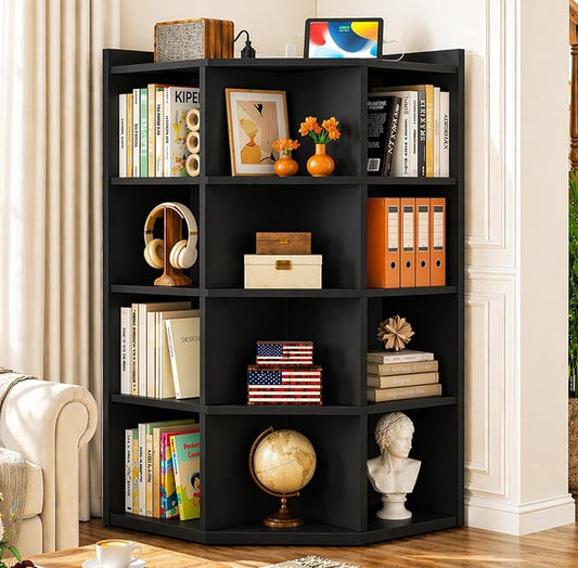 Aheaplus 5-Tier Corner Cube Bookshelf with Power Outlets, Wooden Corner Storage Cabinet with 12 Cubes, Corner Cube Organizer Shelf with Top Table, L Shaped Cubby Bookcase for Home Office, Black